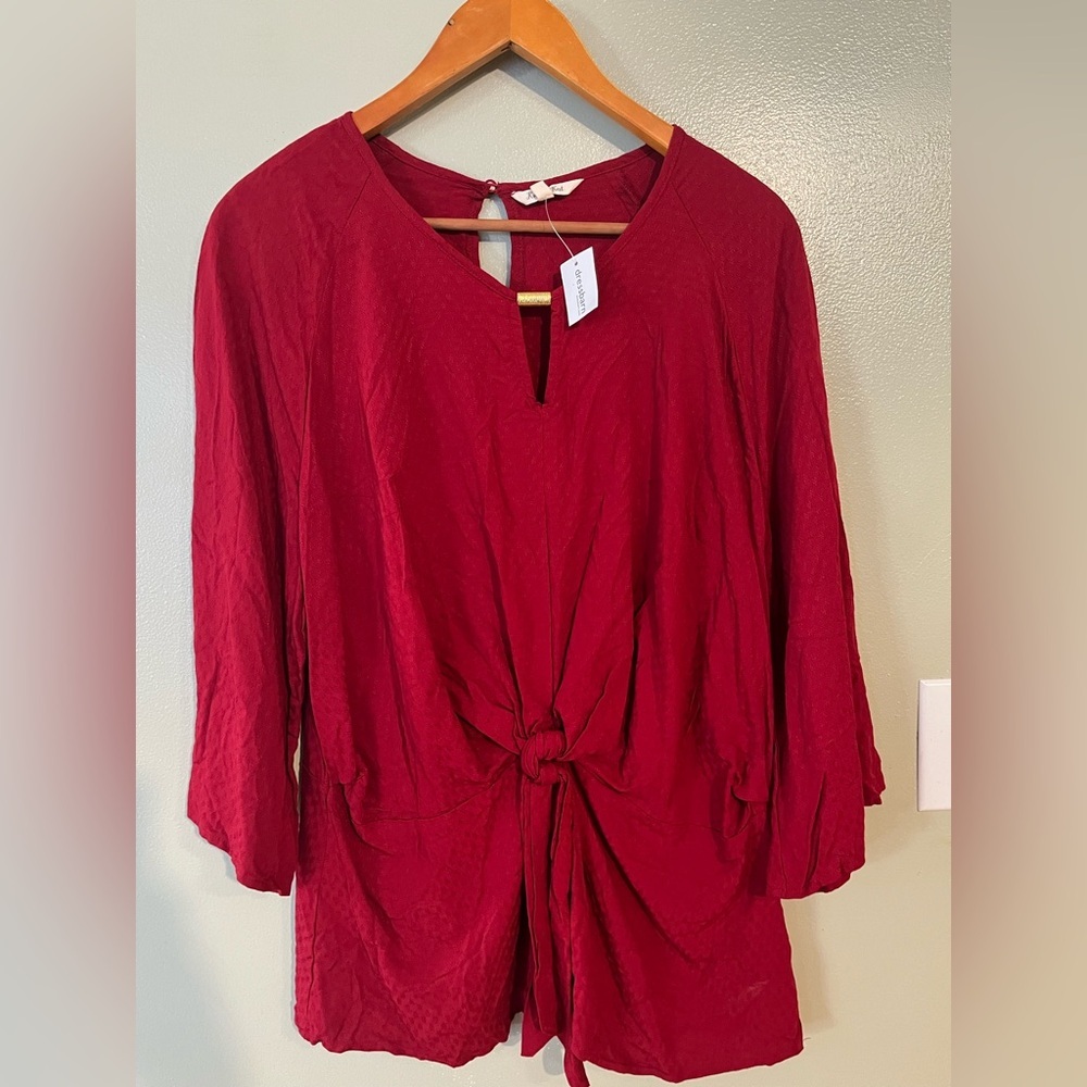 Dressbarn Rich Red Blouse Textured Y2K Bell Skeeves L NWT